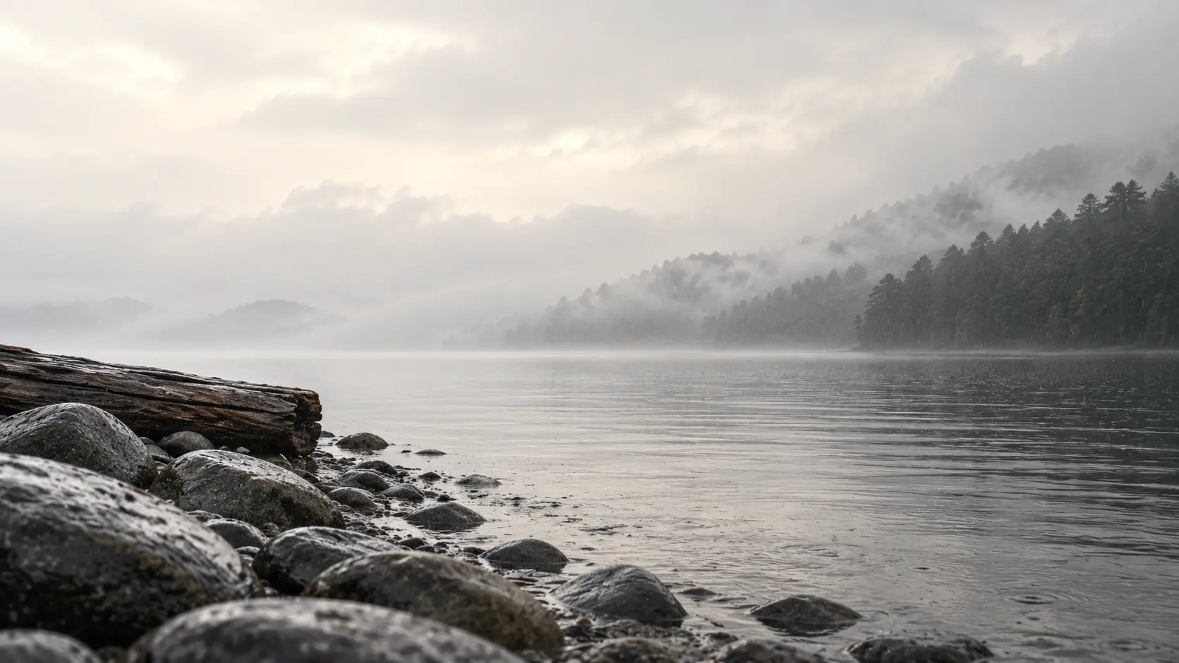 Rain-darkened stone and weathered timber beside a mist-covered lake